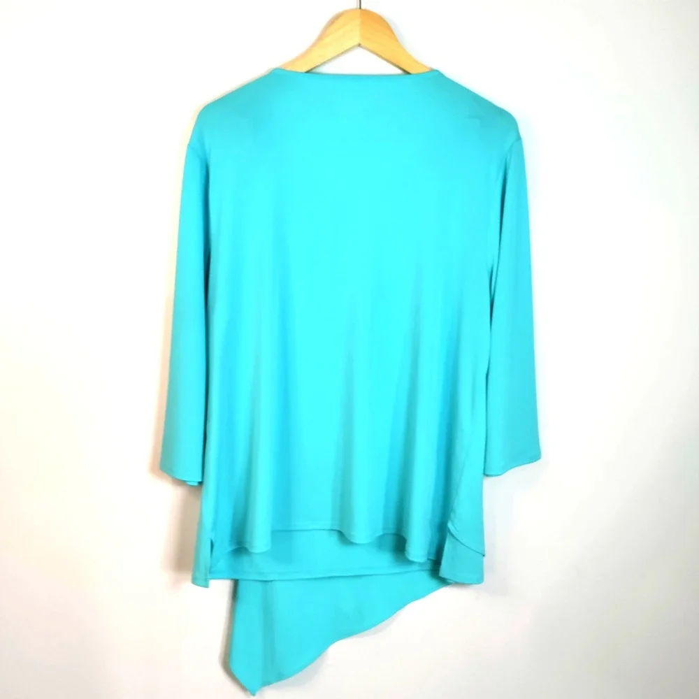 Chico's The Ultimate Tee Women Teal‎ 3 Liquid Knit Shark Hem Faux Wrap Lagun Y2K - Picture 5 of 12